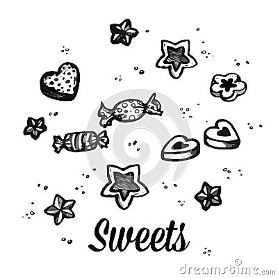 Sweets, cookies and candies sketch. Hand drawn vector illustration isolated on white background. Vector Illustration